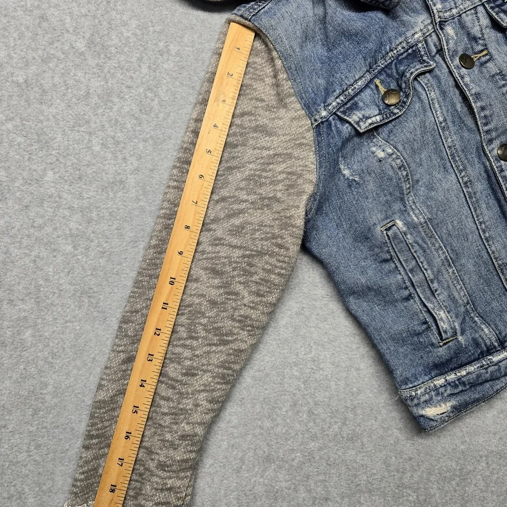 Free People‎ Jacket Womens Small Blue Gray Denim Fleece Hoodie Distressed Casual - Picture 15 of 16